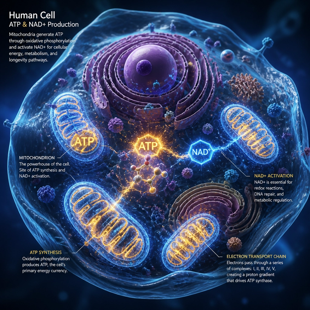 Scientific illustration of a human cell with mitochondria glowing with vibrant blue and gold energy.