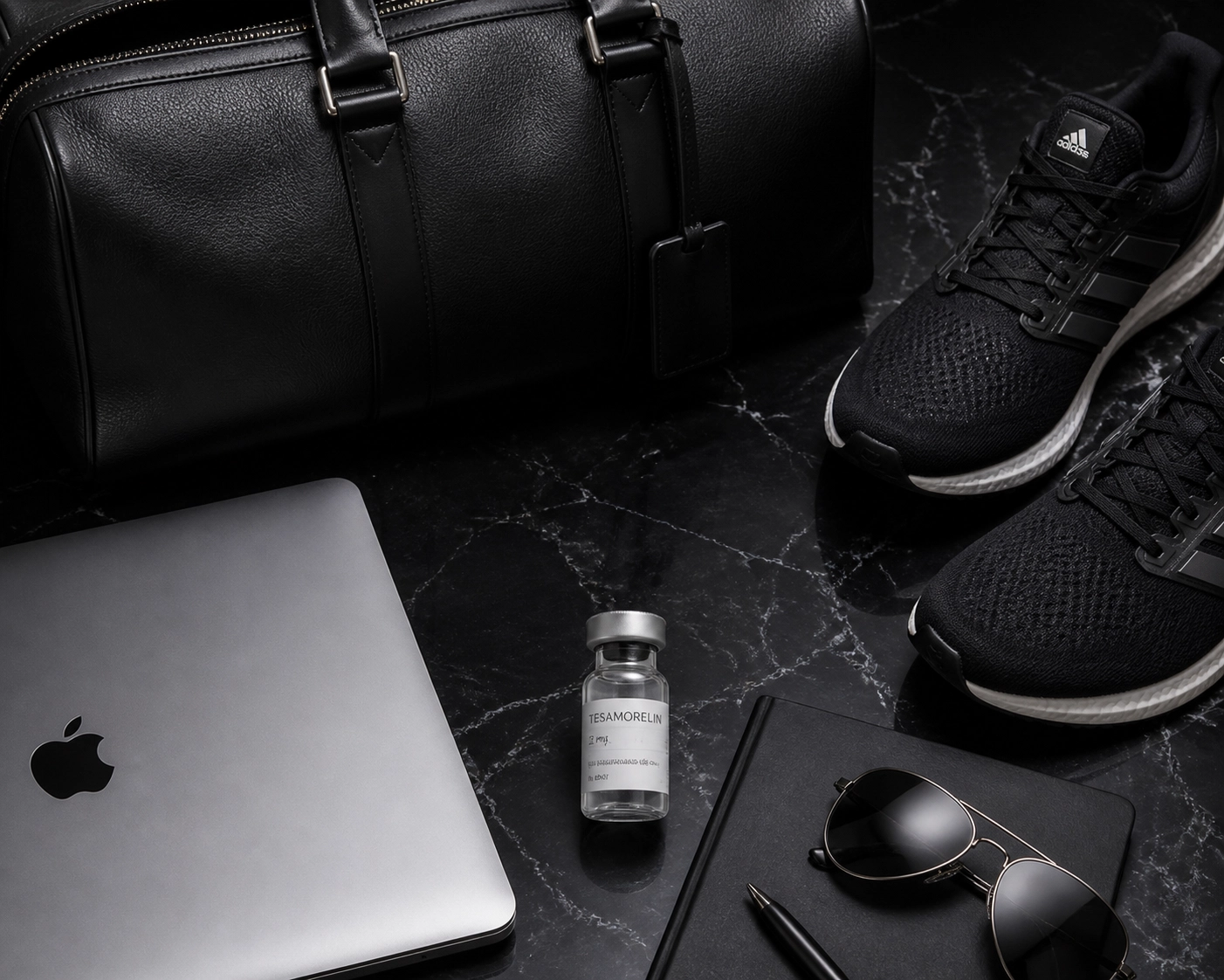 Luxury travel and fitness gear with a B12 vial representing the convenience of mobile vitamin injections.
