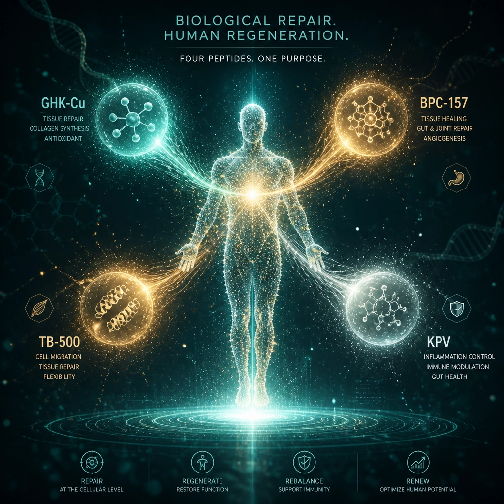 Conceptual illustration of four glowing peptide components converging to represent biological repair and regeneration.