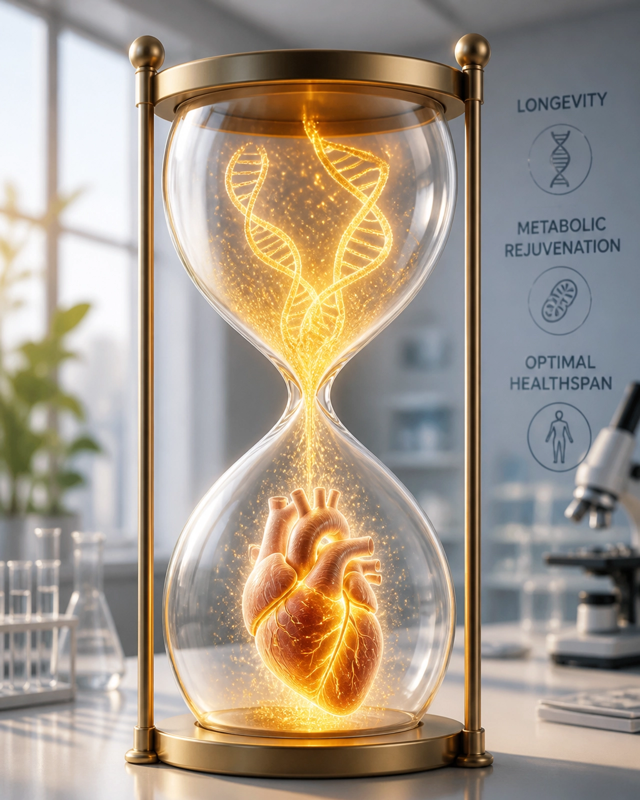 Longevity and metabolic rejuvenation represented by an hourglass and golden energy