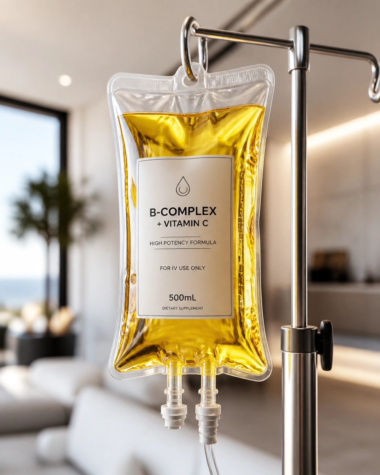 A high-quality IV vitamin infusion bag, highlighting the direct nutrient delivery system.