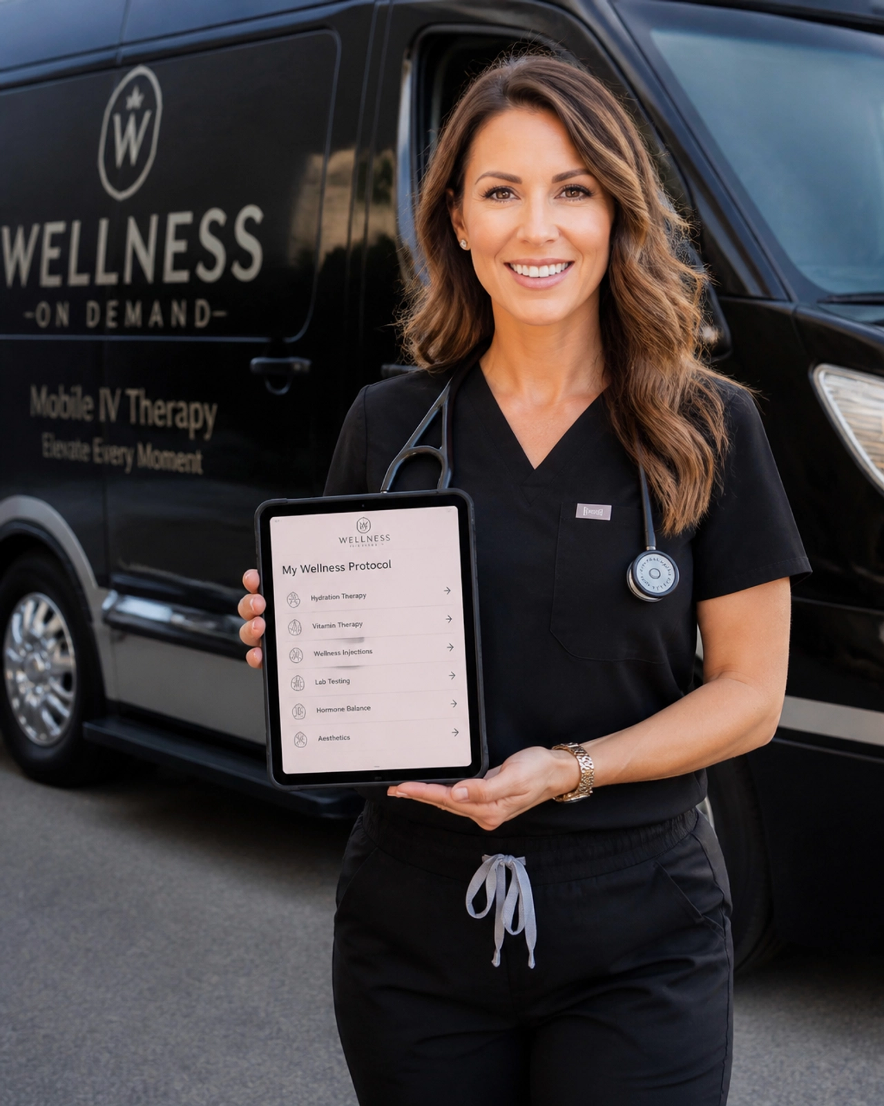 A professional female nurse in modern scrubs smiling confidently, representing the high-standard RN service of Wellness On Demand.