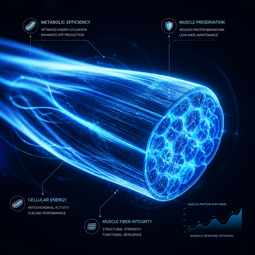 Abstract futuristic visualization of muscle fibers glowing with blue energy.
