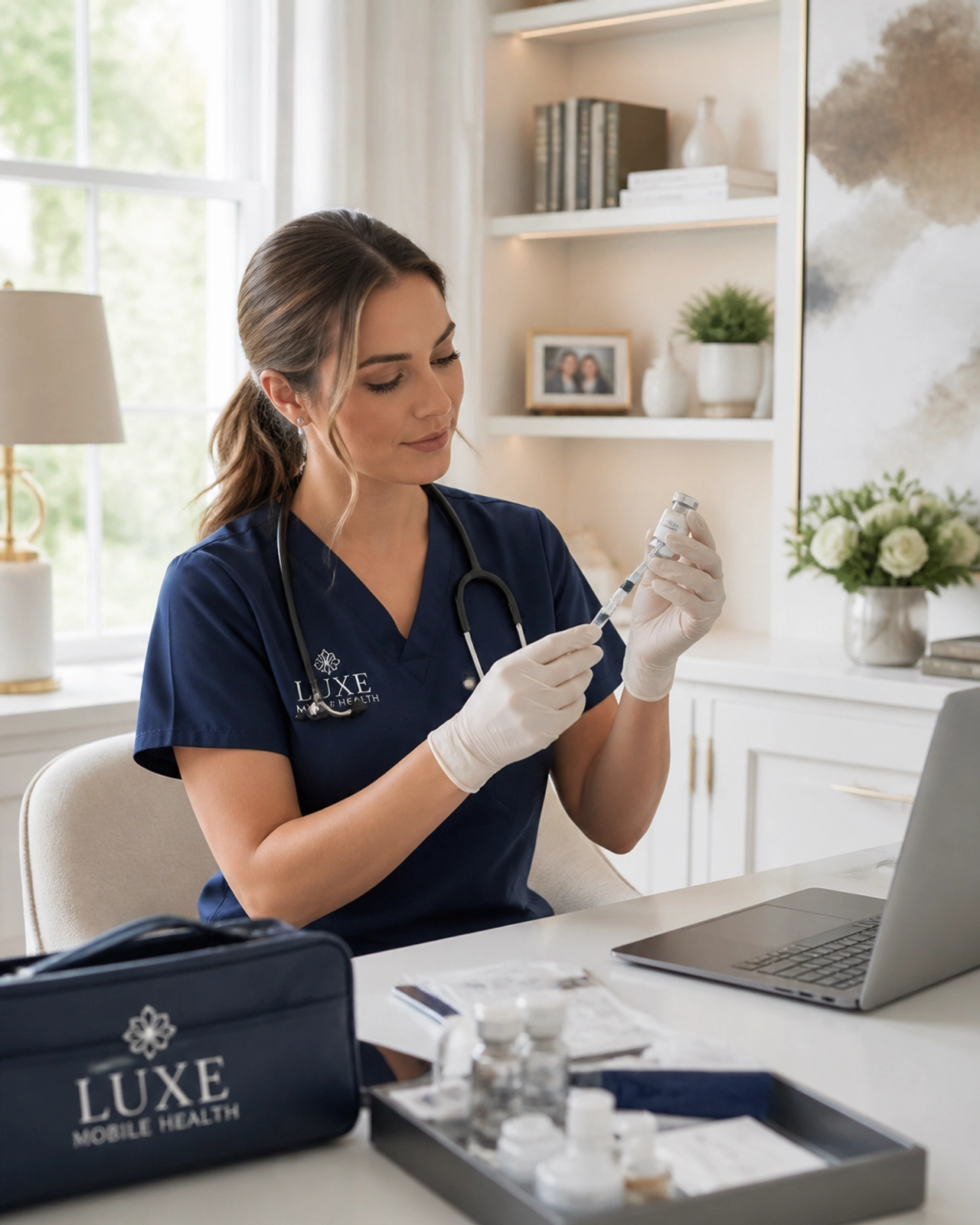 Professional nurse preparing a vitamin injection in a comfortable home setting.