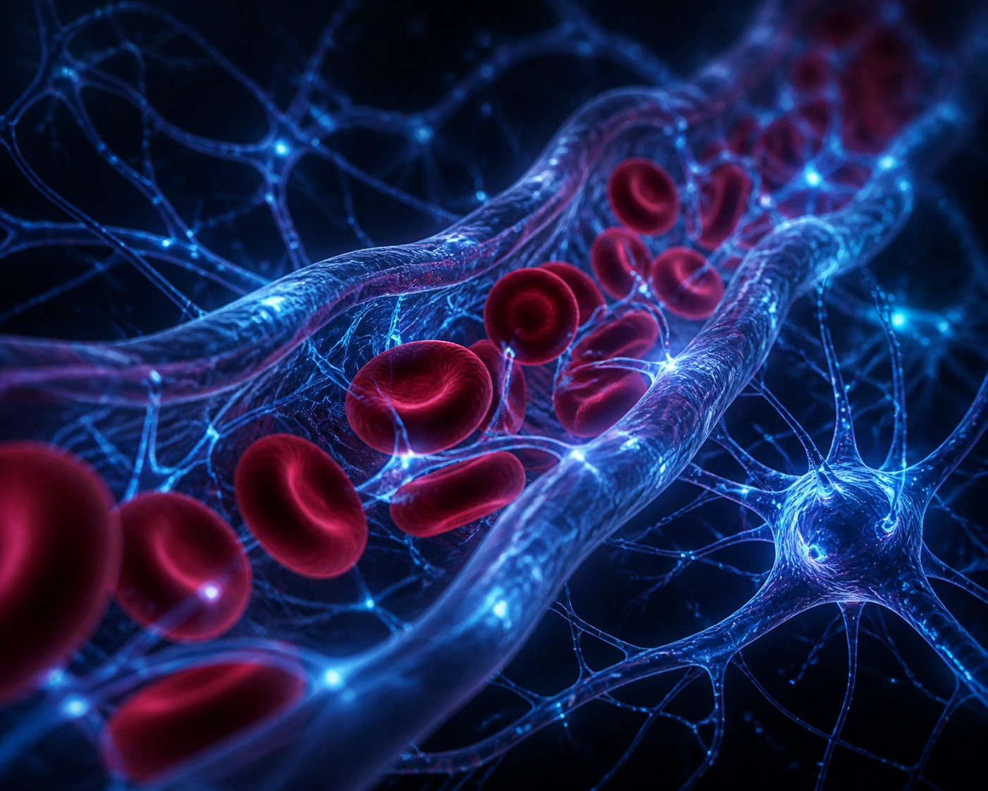 Microscopic view of red blood cells and nerves showing how B12 injections support cellular energy.