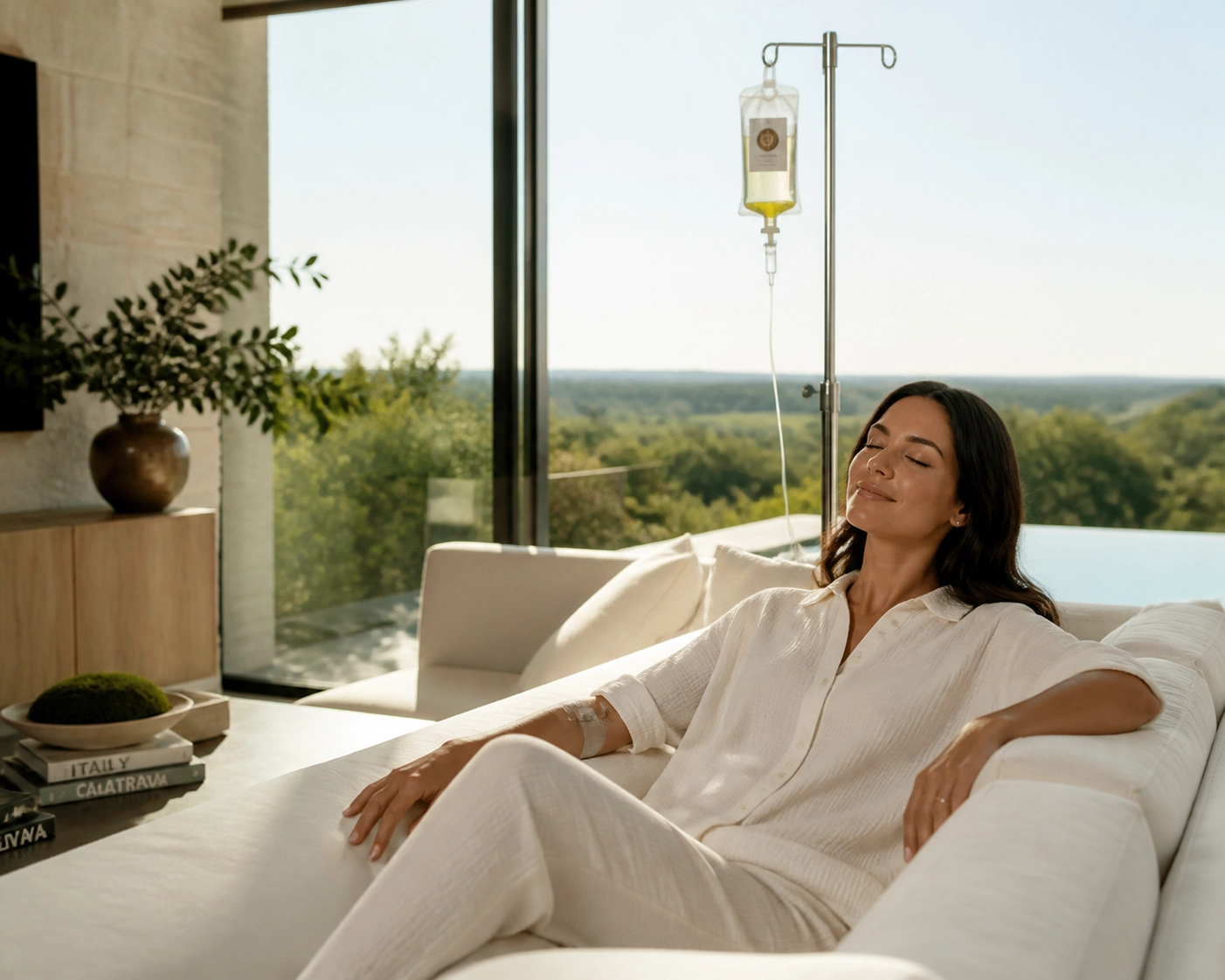 Relaxed individual receiving professional mobile IV hydration therapy in a luxury home setting.