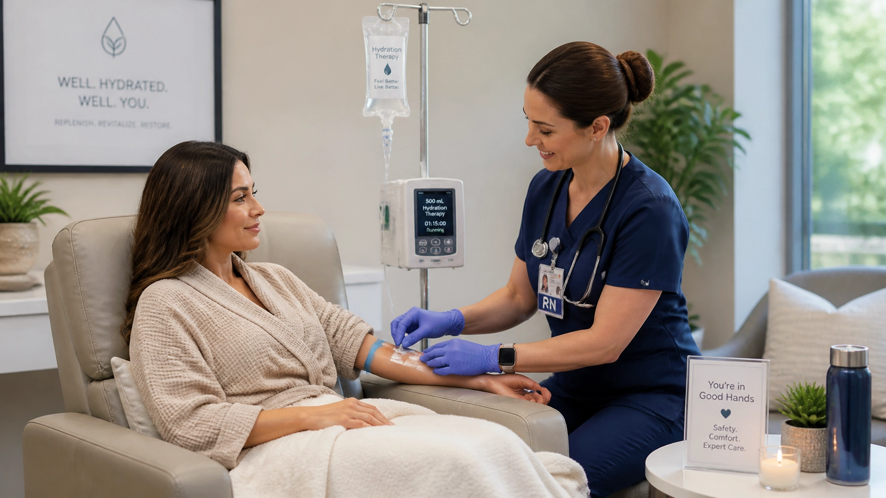 Experienced registered nurse administering an IV hydration therapy infusion in a serene lounge setting