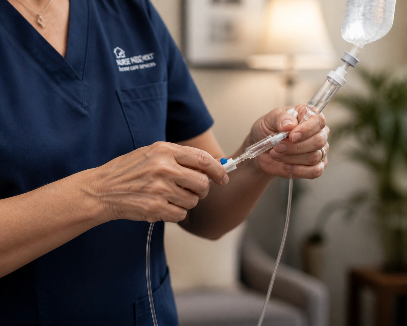 Registered nurse preparing safe IV hydration at home, highlighting clinical expertise and care.