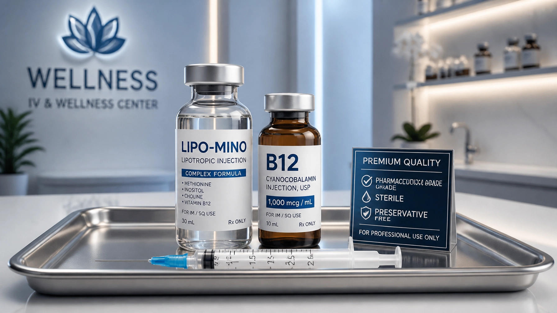 Professional display of vitamin injection vials like Lipo-Mino and B12.