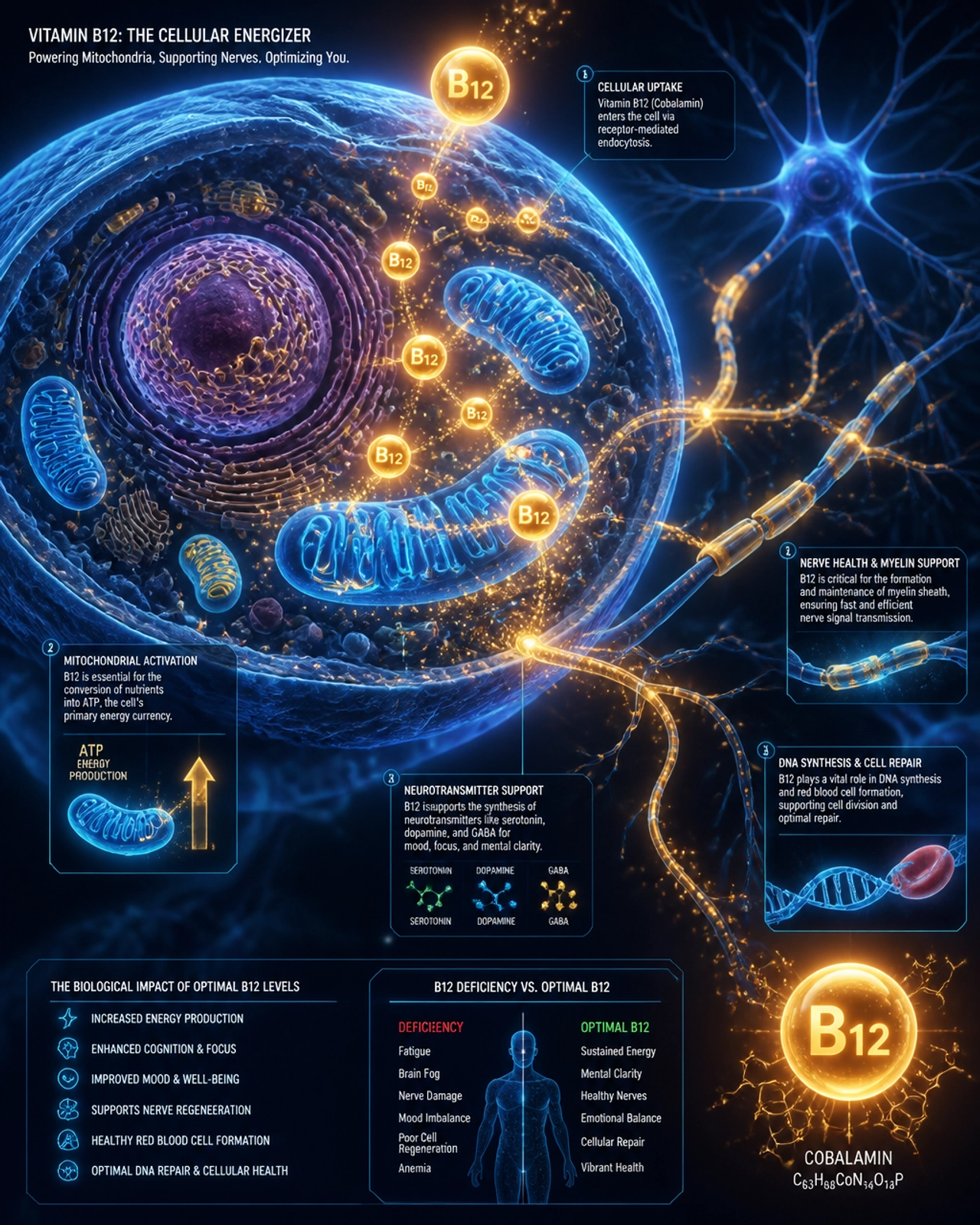 A detailed illustration of a human cell showing glowing blue mitochondria and neural pathways being illuminated by golden spheres representing B12 molecules, symbolizing bio-optimization.
