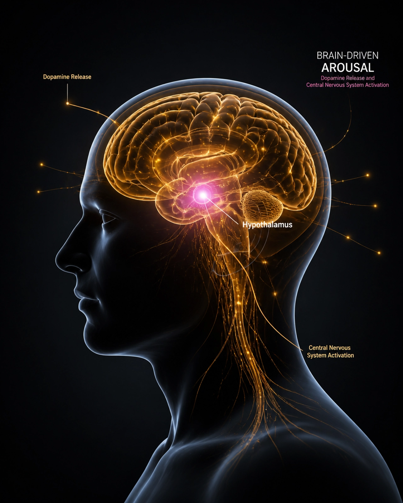A conceptual illustration of the brain’s hypothalamus activating under PT-141, showing the central nervous system’s role in arousal.