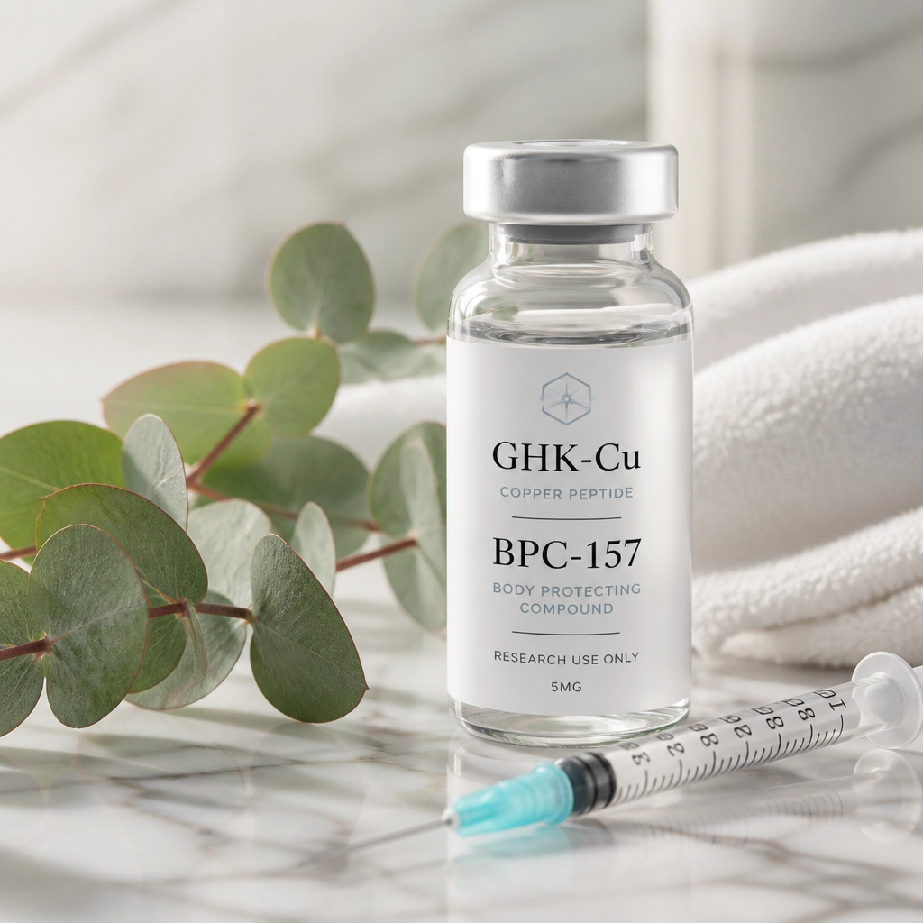 A premium lifestyle shot of a clinical vial and medical equipment representing high-end peptide therapy.
