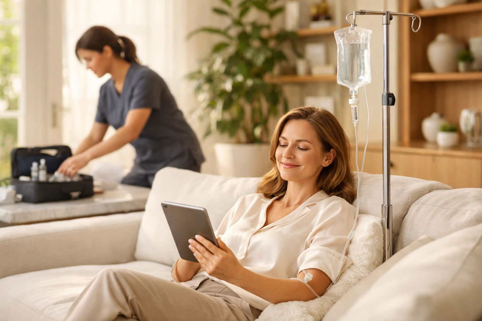 Professional woman receiving mobile IV therapy at home on her sofa in a luxury living room.