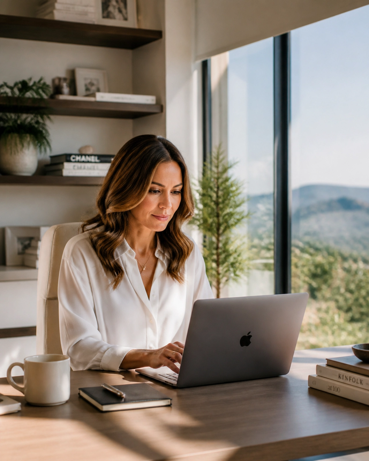 Professional woman in a home office expressing deep focus and mental clarity