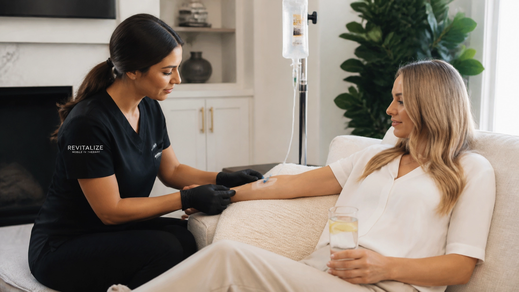 An experienced registered nurse administering mobile IV therapy to a relaxed professional client at home