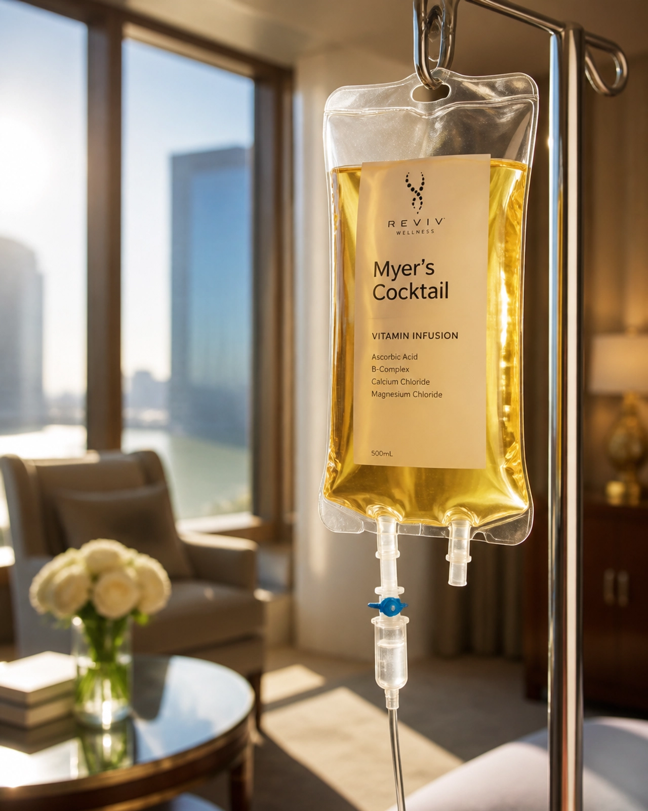 A golden Myer’s Cocktail IV bag in a luxury hotel suite, representing high-potency travel recovery.