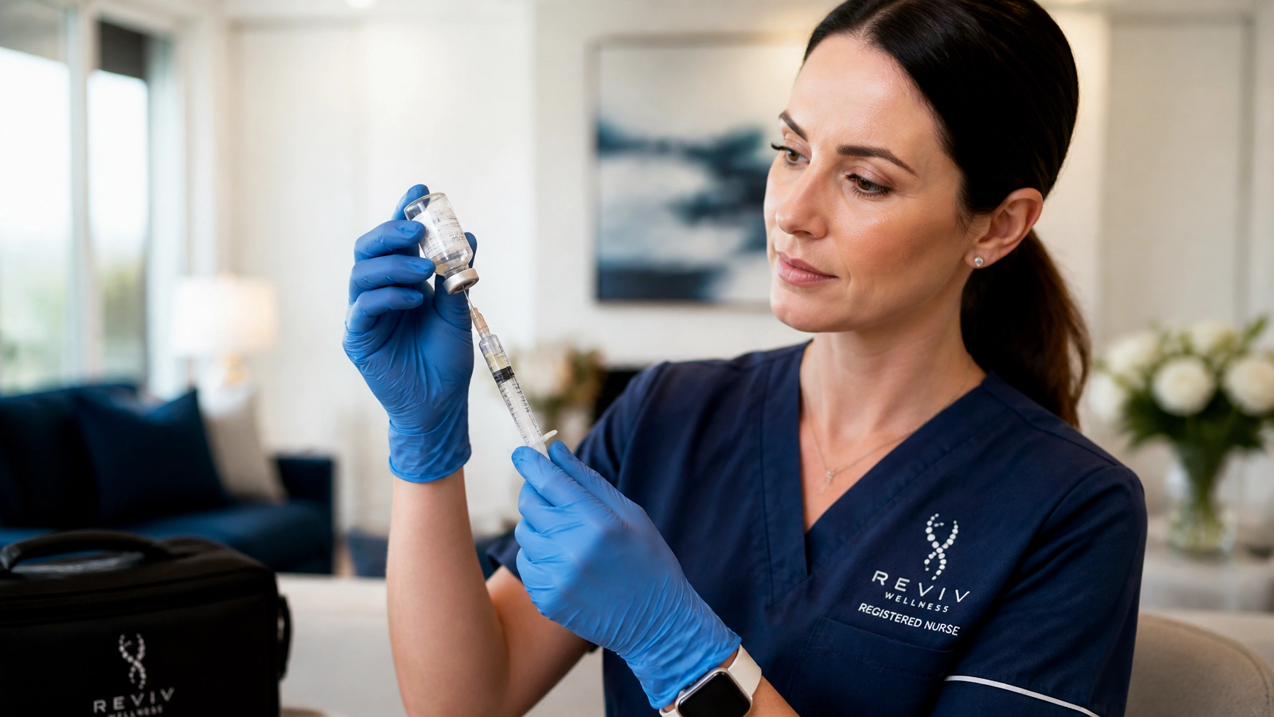 A professional Registered Nurse carefully preparing a vitamin injection in a bright, modern home setting, representing professional authority and safety.