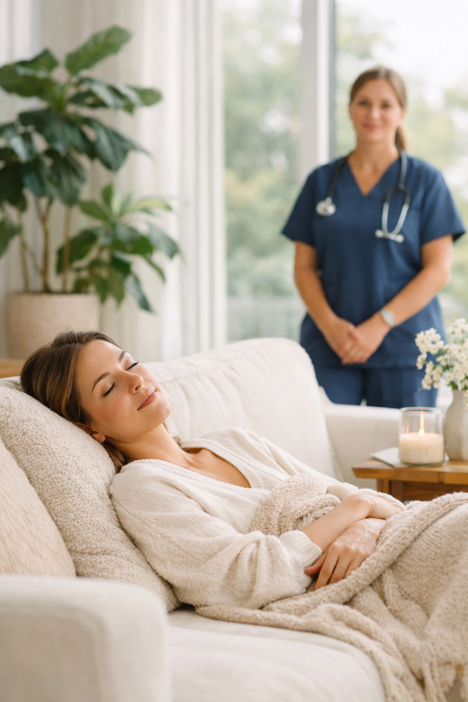 Professional mobile IV therapy session at home with a registered nurse for skin rejuvenation.