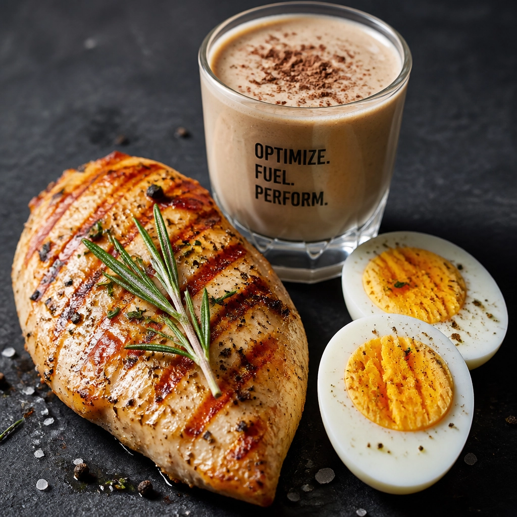 Close-up of high-quality protein sources including grilled chicken and eggs.