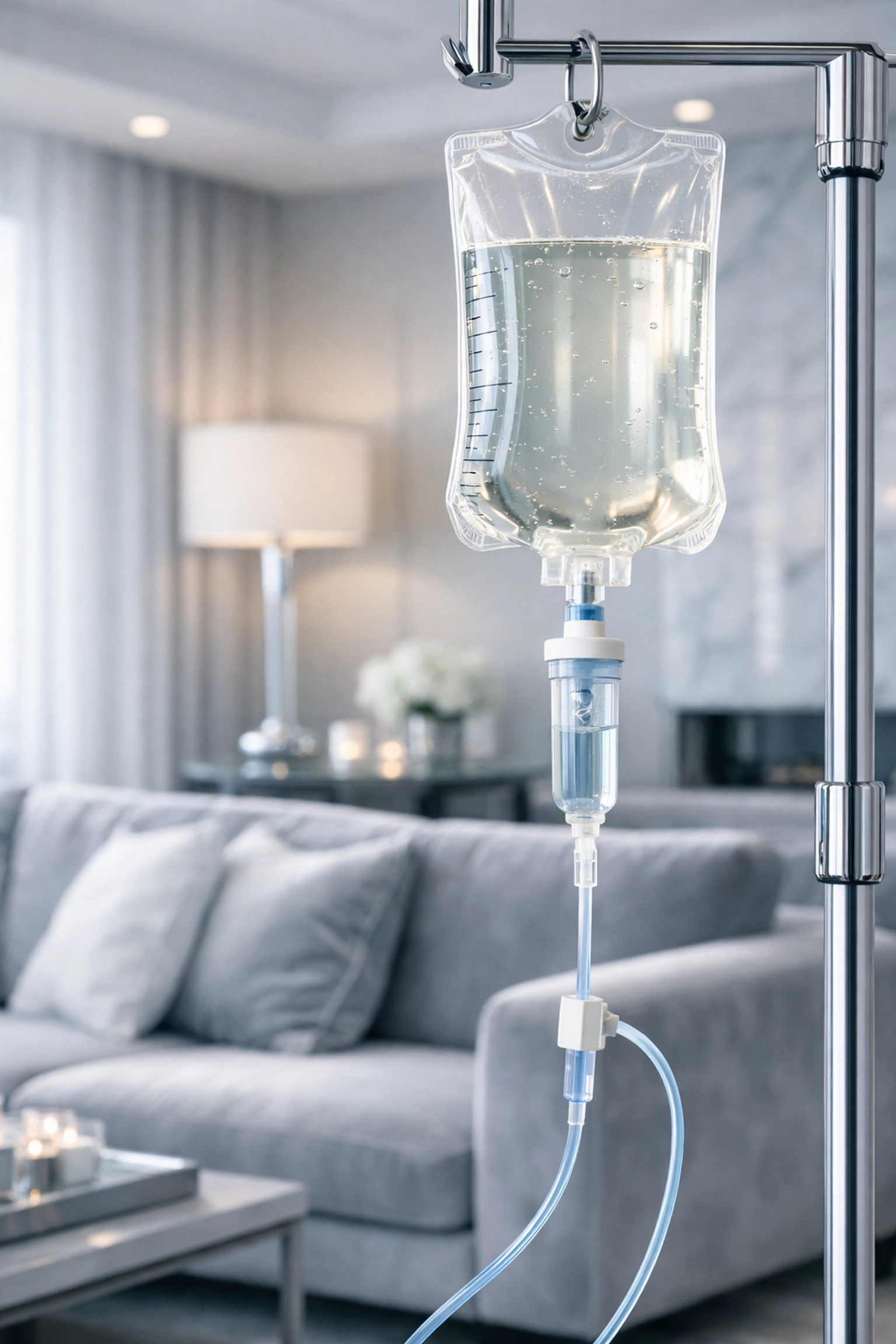 Mobile IV drip therapy setup in a luxury home providing professional recovery and wellness services.