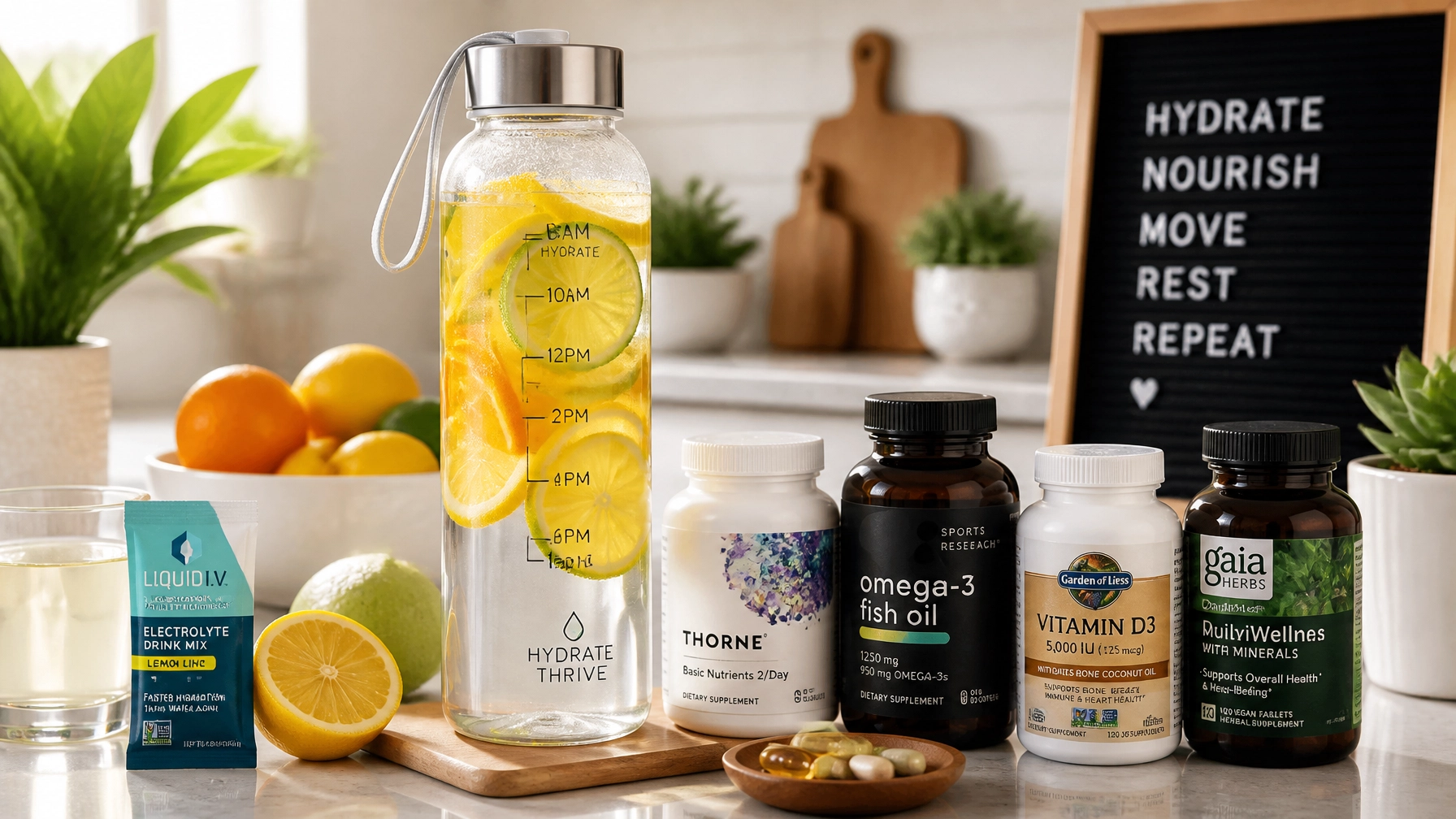A vibrant, health-conscious setup on a modern kitchen counter featuring a reusable water bottle infused with fresh citrus slices and electrolytes, alongside essential wellness supplements and vitamins