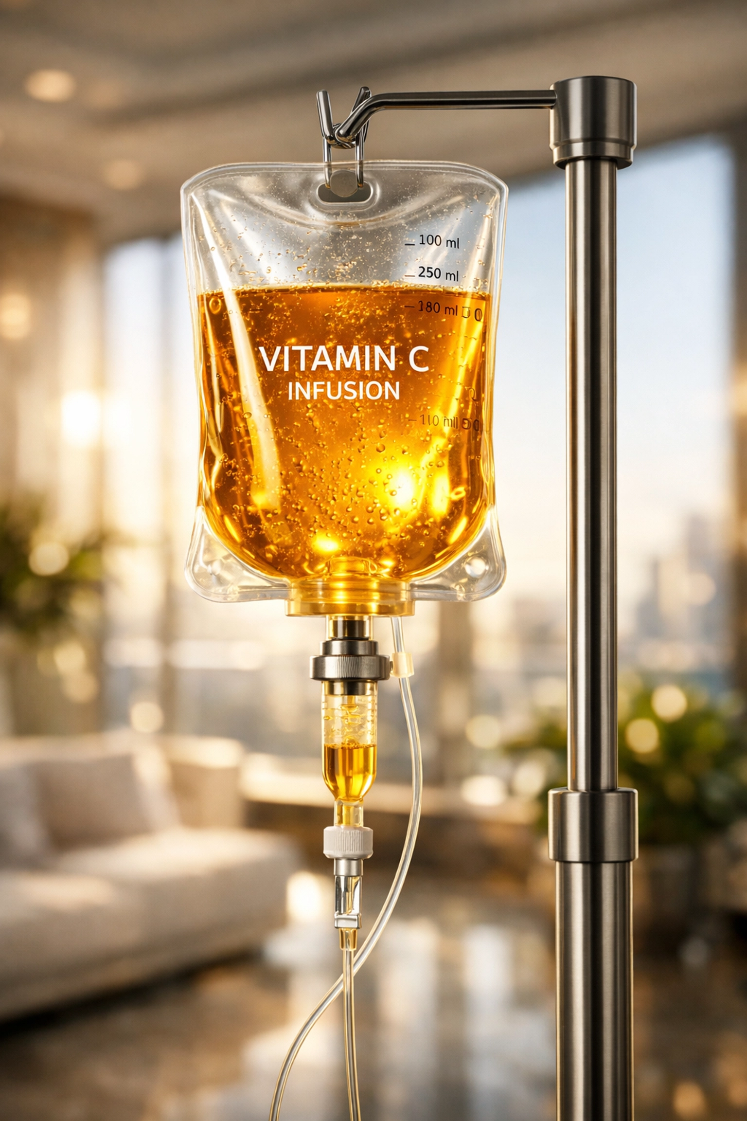 High-dose Vitamin C IV hydration therapy bag in a luxury setting for superior nutrient absorption.