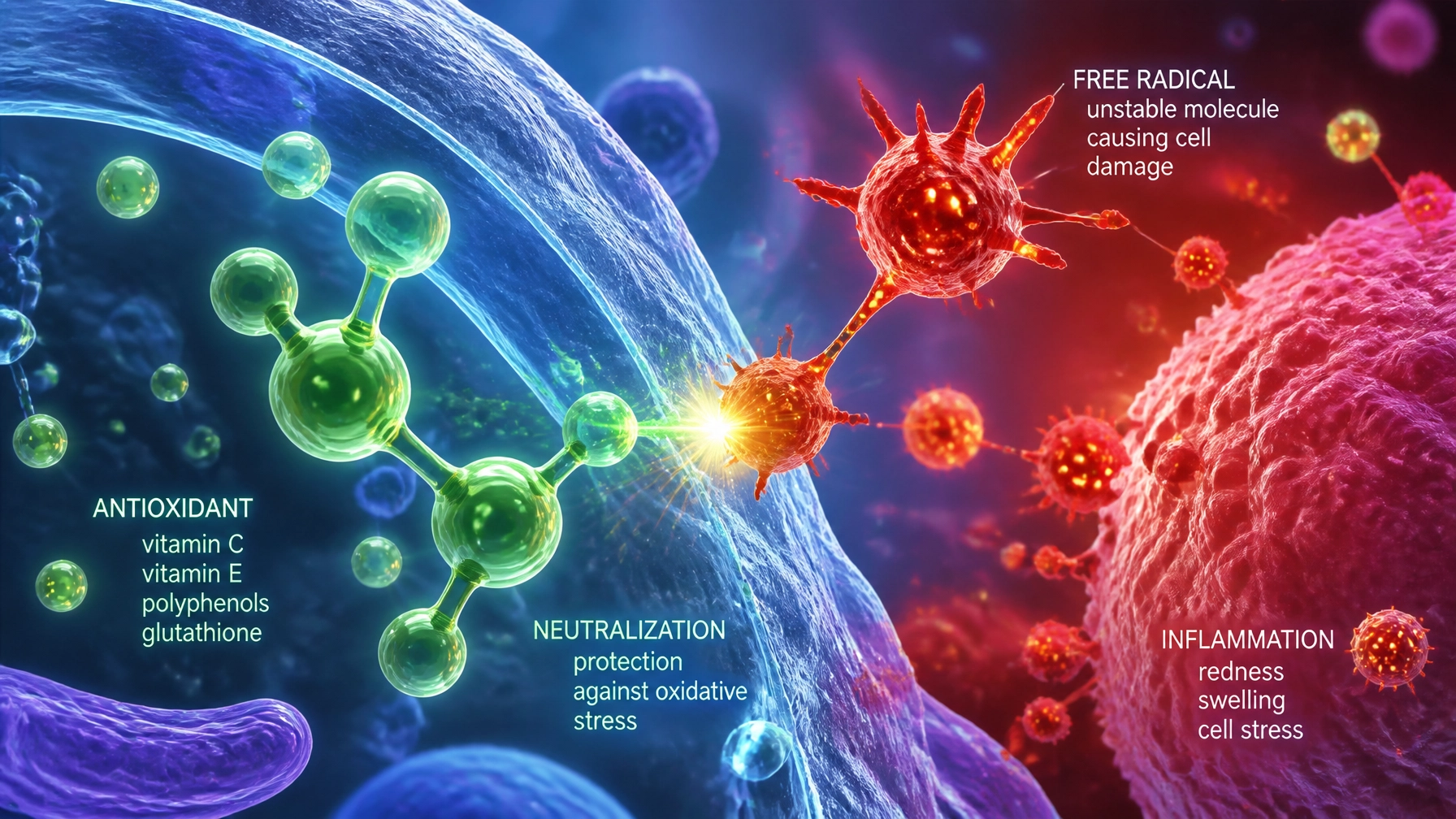 A close up abstract scientific visualization of antioxidant molecules neutralizing free radicals and inflammation