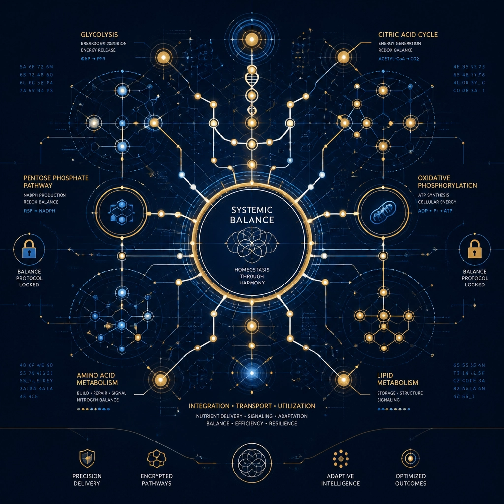 An abstract digital art piece representing metabolic pathways and systemic balance with geometric patterns and interconnected nodes in deep blue and gold.