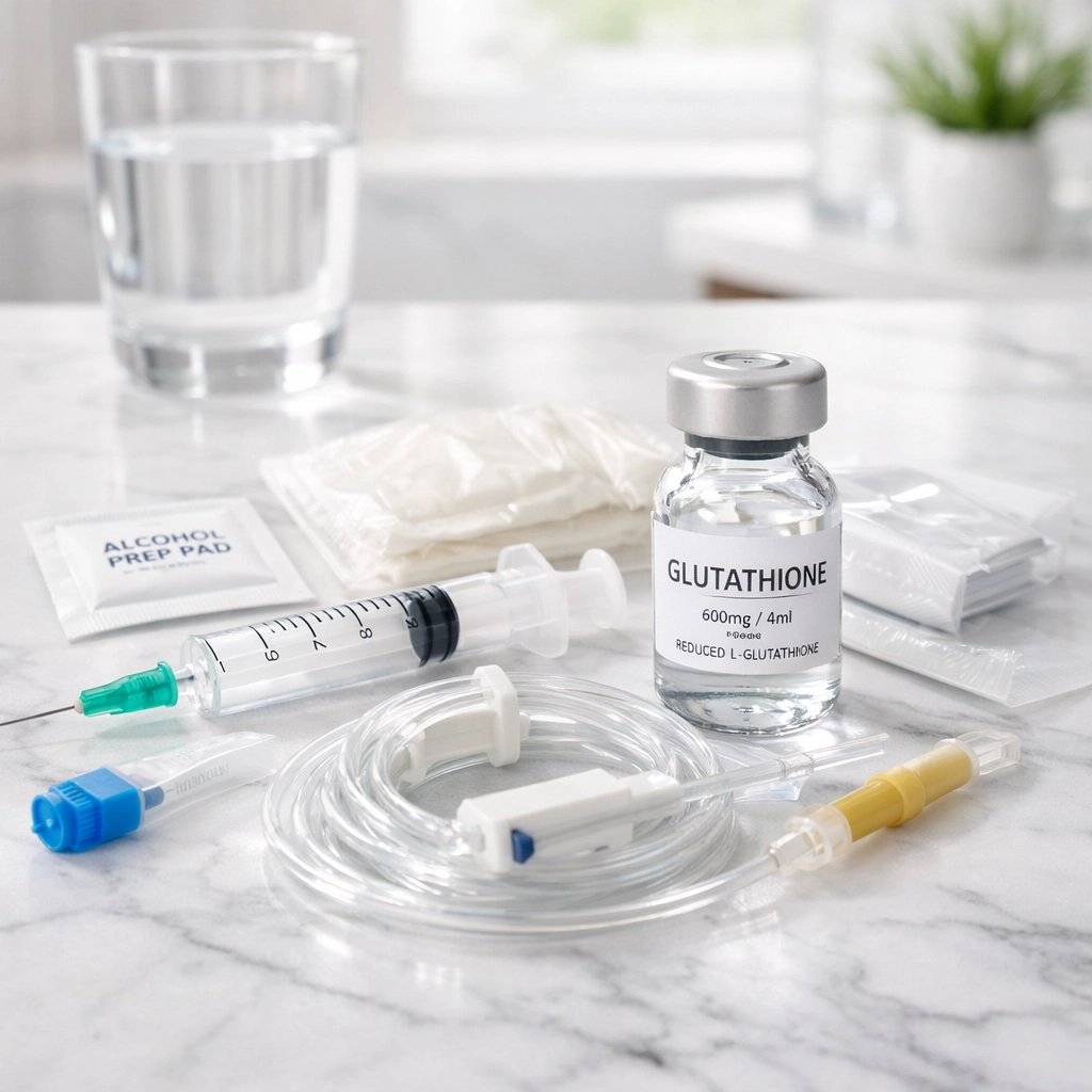 Medical-grade mobile IV therapy kit and glutathione vial for professional concierge wellness.