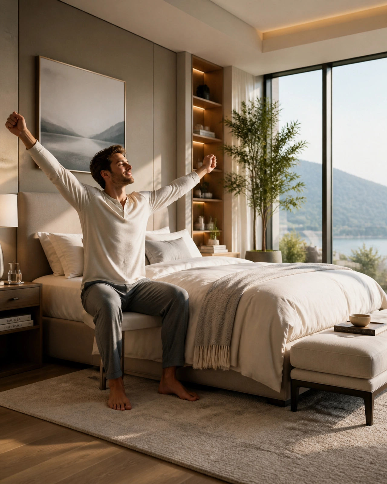A refreshed individual waking up in a modern bedroom