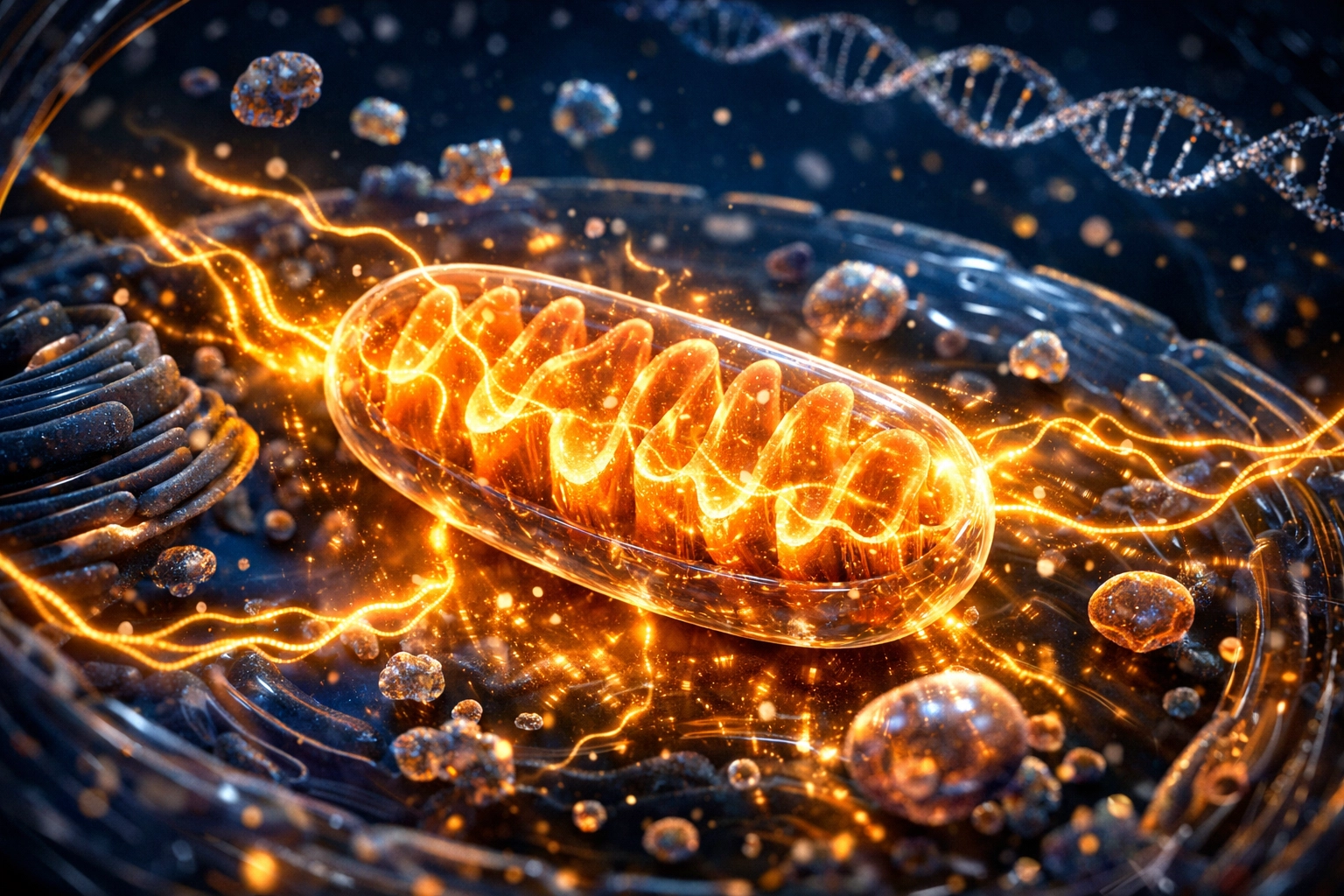 Microscopic view of glowing mitochondria and NAD+ energy threads powering cellular repair and ATP production.
