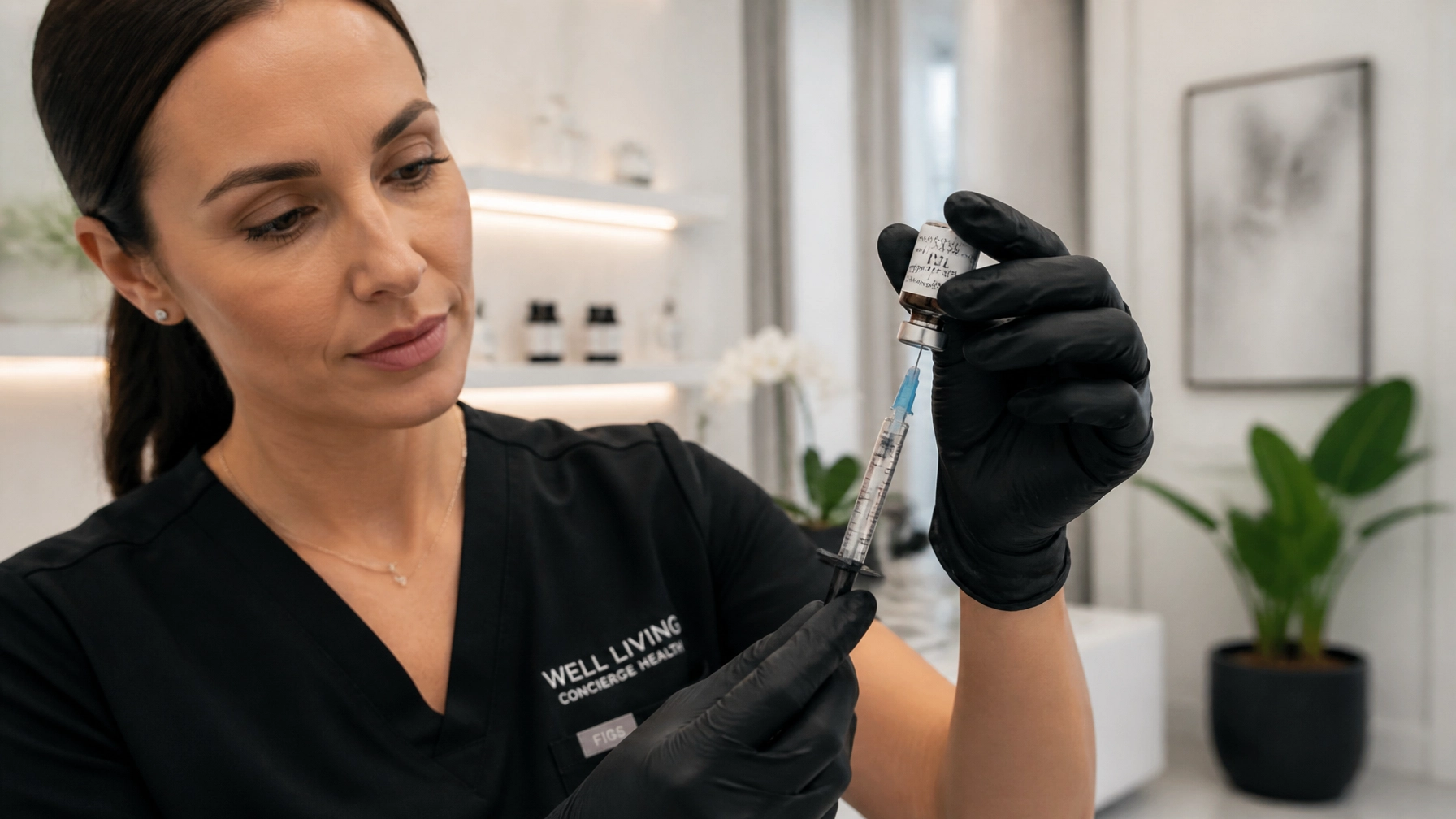 Registered nurse preparing a clinical injection under strict sterile protocols