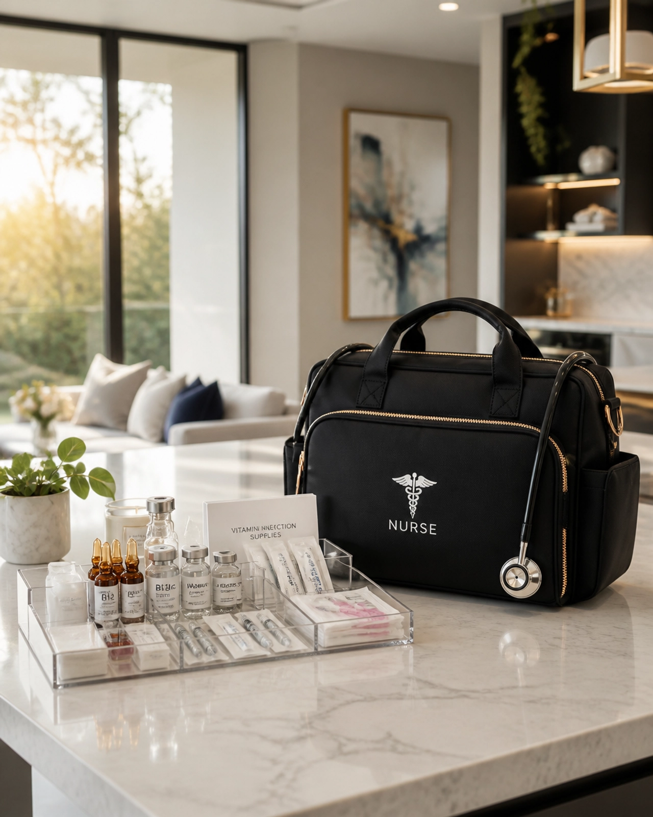 A luxury modern home interior where professional medical supplies are arranged for a mobile wellness session.