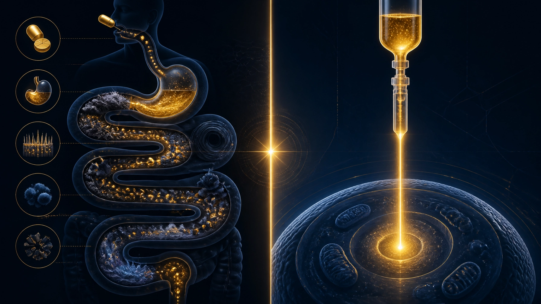 An abstract comparison graphic showing a direct golden light path for IV therapy versus a winding, obstacle-filled path for oral supplements.