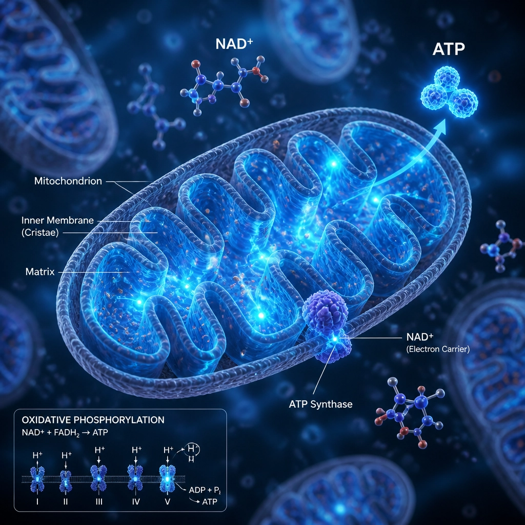 Mitochondria glowing with blue energy, representing ATP production and the power of NAD+