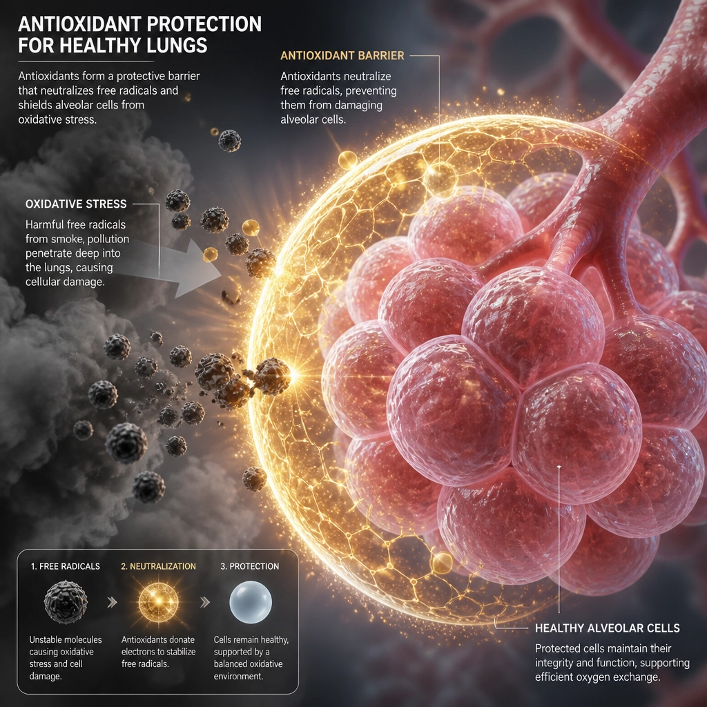 A scientific visualization of lung cells being protected by a glowing antioxidant barrier against smoke particles.