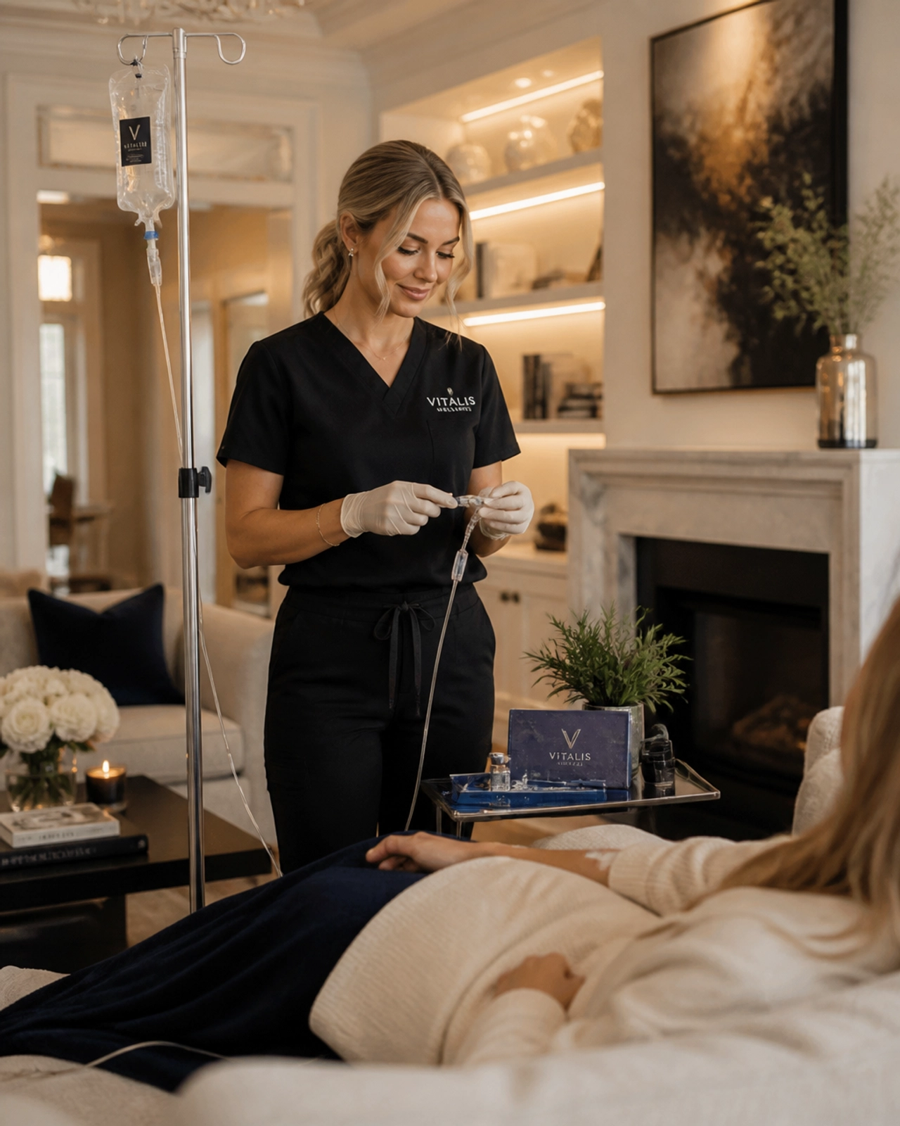 A professional nurse preparing a mobile IV treatment in a luxury home setting