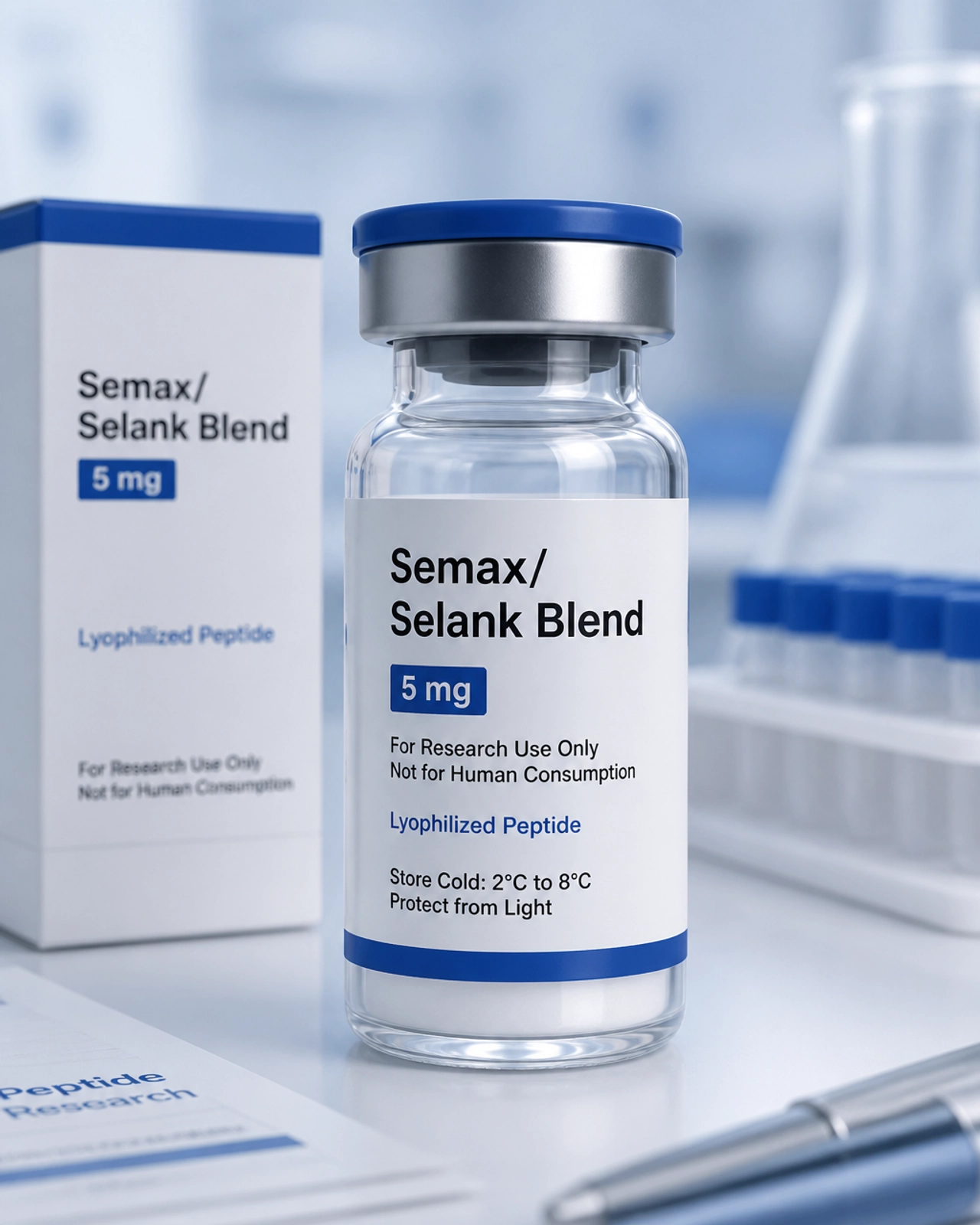 High-quality glass vial of peptide medication labeled Semax/Selank Blend