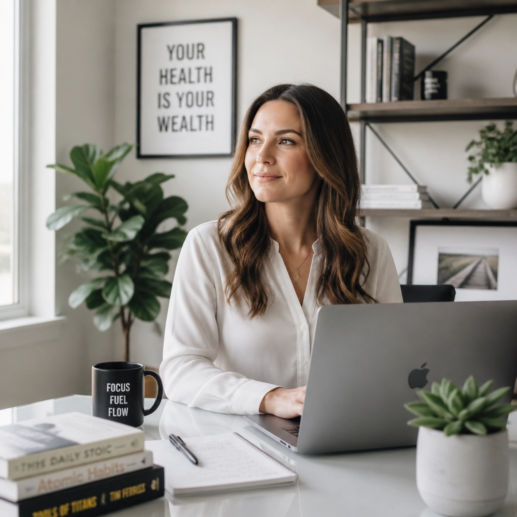 A professional feeling energized and focused in a modern home office, symbolizing mental clarity