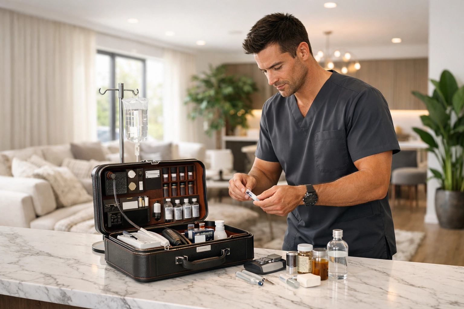 Professional specialist preparing IV hydration at home for convenient mobile wellness and recovery.