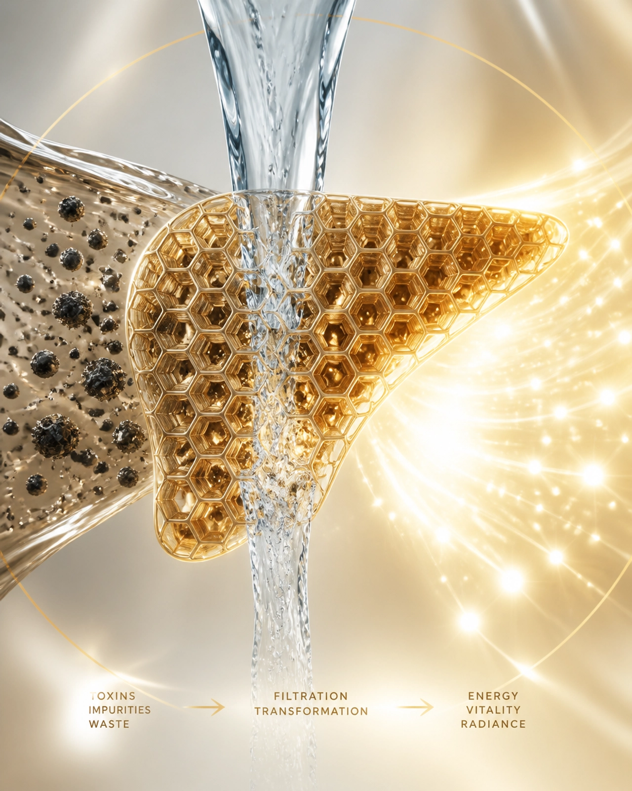 An abstract representation of biological detoxification, where impurities are filtered into radiant light.