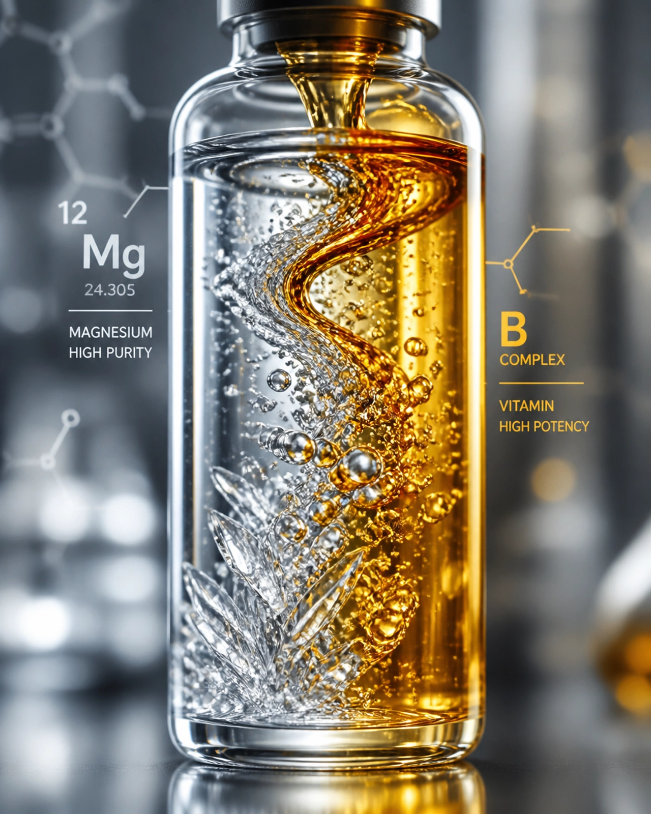Macro, artistic shot of crystalline magnesium and golden vitamin B-complex representing high-purity nutrients.