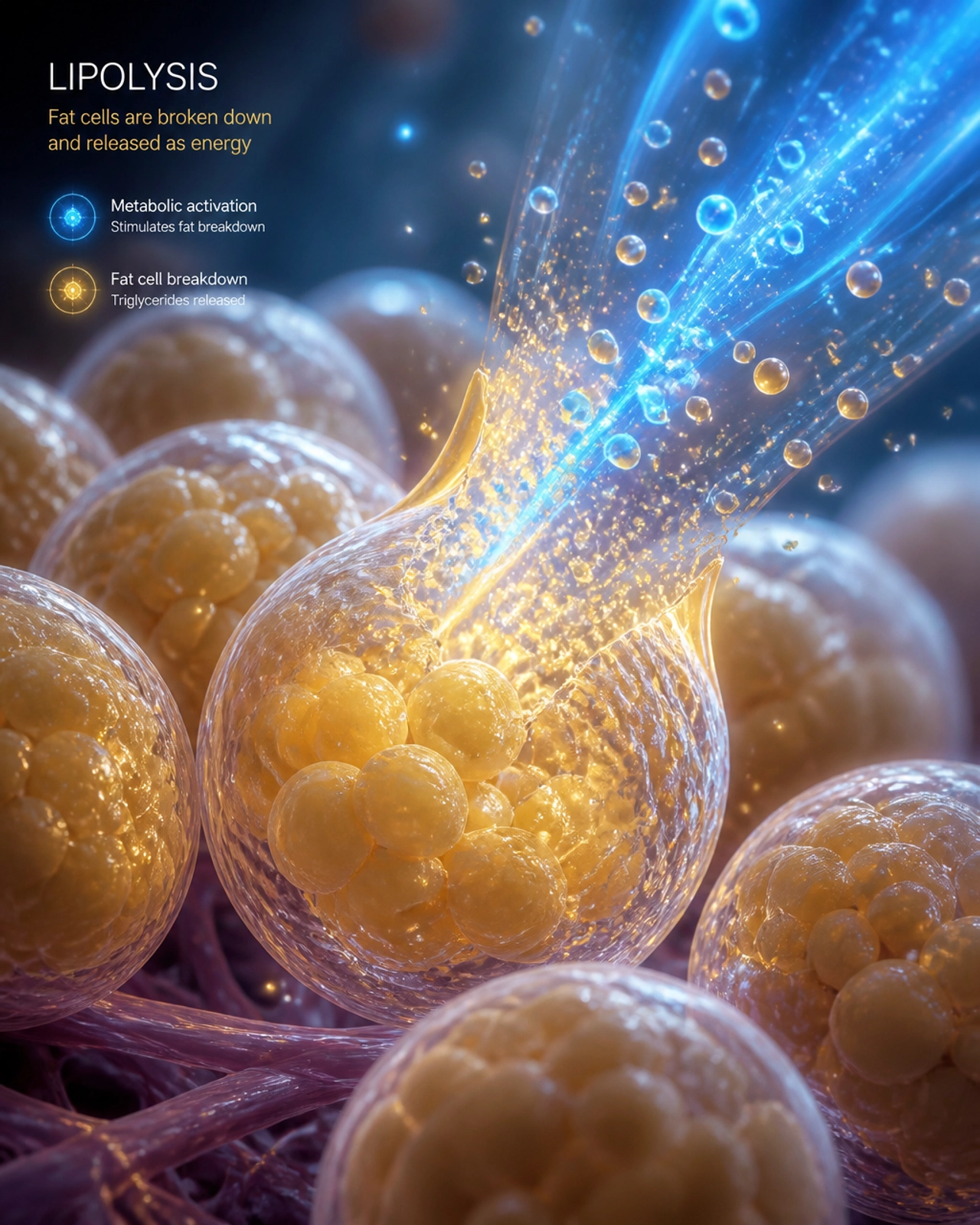 An artistic, microscopic visualization of fat cells being energized and dissolved by glowing blue and gold light particles, symbolizing the lipolysis process.