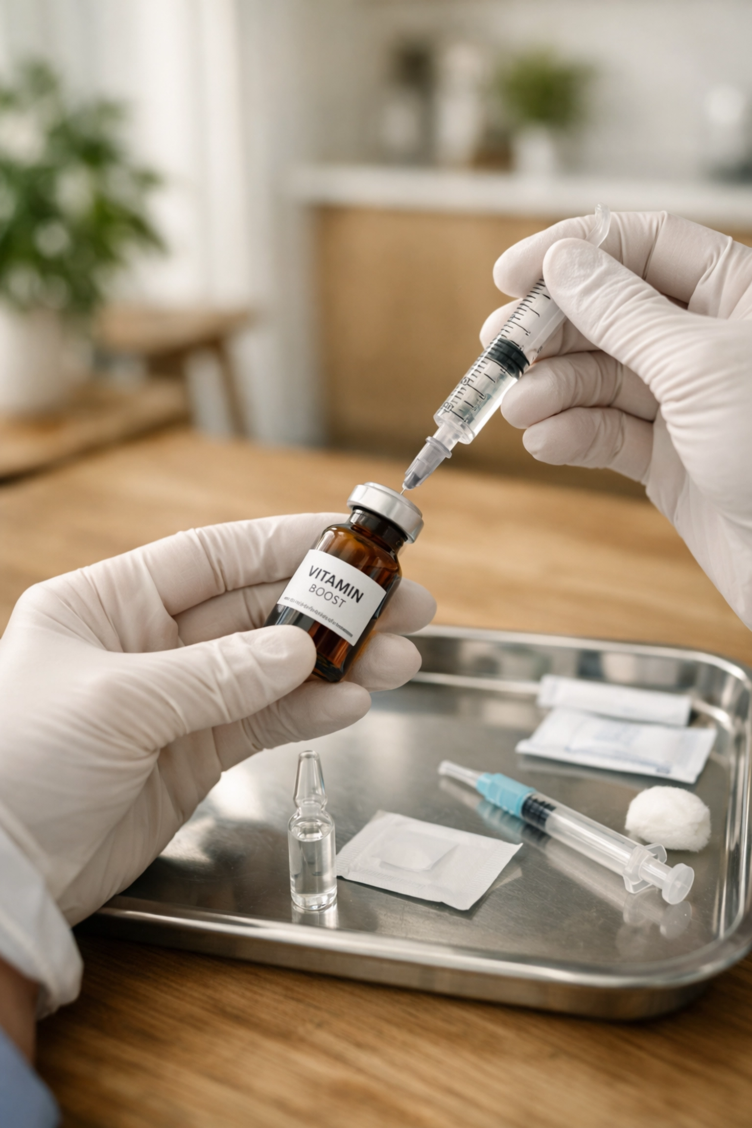 A registered nurse preparing peptide and vitamin injections for professional mobile wellness care at home.